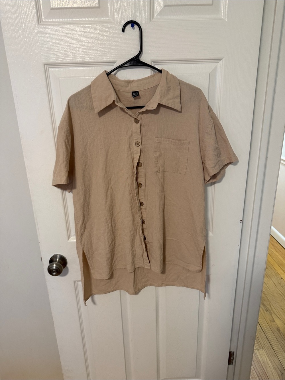 Woman’s Short Sleeve Button-Up Shirt - Beige